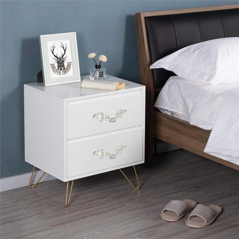Bedroom scene with white dresser featuring Six Piece Vintage Cabinet Handles Set For European Style Shabby Chic Furniture Drawer Pulls White And Gold Edge Zinc Alloy Rust Resistant Durable Dresser Hardware For Cabinets, Dressers And Wardrobes.