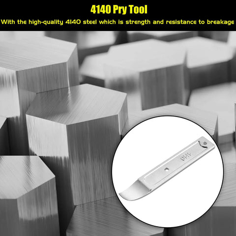 Close-up of 4140 Stainless Steel Pry Tool Set, Pocket Mini Pry Bar with hexagonal steel blocks background.
