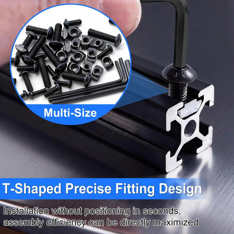 Close-up of M3 M4 M5 T Slot Nut Screws Kit 260 Pcs used on 2020 Series Aluminum Profile with hex wrench