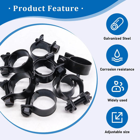 Front view of black fuel-line hose clamps with screws; automotive clamp set for 8–18 mm hoses.