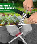 Hands using 40 Inch Stainless Steel Soil Sampler Probe With T Handle for lawn garden farm soil testing, anti-pinch handle design.