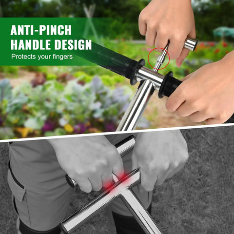 Hands using 40 Inch Stainless Steel Soil Sampler Probe With T Handle for lawn garden farm soil testing, anti-pinch handle design.