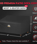 Beefed Up 600D Waterproof Patio Sofa Cover for 80 Inch Outdoor Couches and 3 Seaters, shown in black with size dimensions.