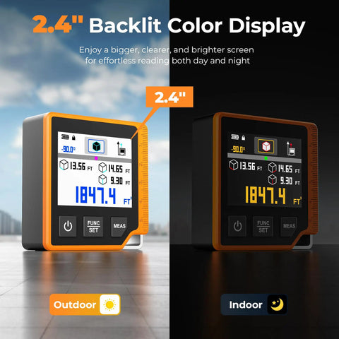 Three In One Laser Measure With 262 Ft Range, Digital Angle Finder And Digital Level, Pro Grade Tool For Pros On The Job, Ultra Fast 0.3 Second Readings, Plus Minus One Sixteenth Inch Accuracy, Six Unit Options M In Ft Ft Plus In Cm Mm. 2.4-inch backlit display, indoor and outdoor view