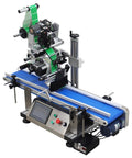 Big Time Automatic Desktop Conveyor Labeler For Flat Bottles And Merchandise Plug And Play Sticker Applicator setup with blue conveyor.