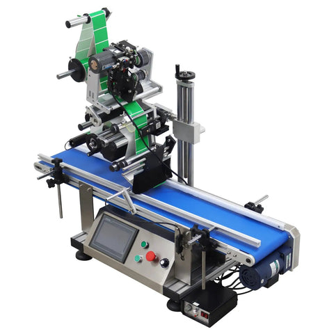 Big Time Automatic Desktop Conveyor Labeler For Flat Bottles And Merchandise Plug And Play Sticker Applicator setup with blue conveyor.