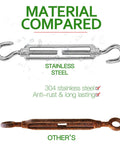 Comparison of Six Pack M6 Hook And Hook Turnbuckles Set in 304 stainless steel vs rusted alternative.