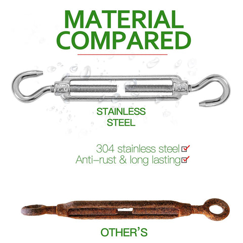 Comparison of Six Pack M6 Hook And Hook Turnbuckles Set in 304 stainless steel vs rusted alternative.