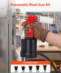 Heavy Duty Pneumatic Rivet Gun Kit With Five Jaw Sets For Quick Fastening in use, showcasing five nozzle sizes and precise measurements.