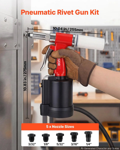 Heavy Duty Pneumatic Rivet Gun Kit With Five Jaw Sets For Quick Fastening in use, showcasing five nozzle sizes and precise measurements.