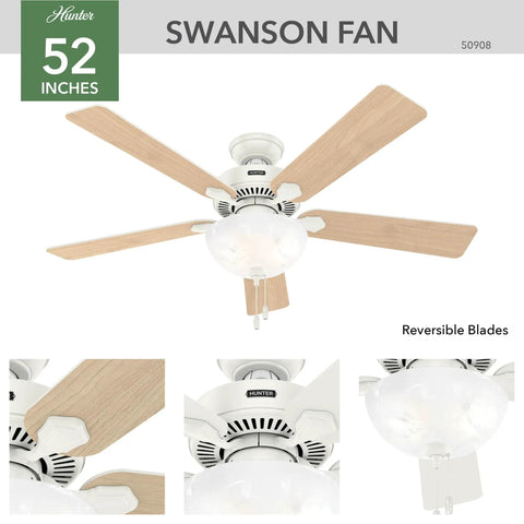 52 Inch Indoor Ceiling Fan With LED Light White Finish Pull Chain 5 Blades For Bedroom Living Room Or Kitchen Standard Mount No Remote Energy Efficient Airflow