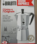 Moka Express Stovetop Espresso Maker box showing product image and branding for Real Italian Coffee, nine cup capacity.