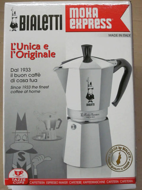 Moka Express Stovetop Espresso Maker box showing product image and branding for Real Italian Coffee, nine cup capacity.