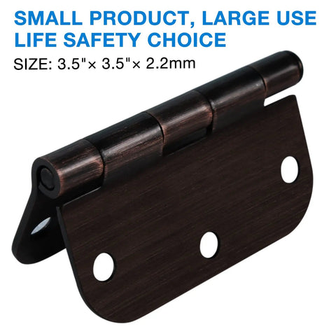 Close-up of Oil Rubbed Bronze 3.5 Inch Door Hinges With 6 Holes And Five Eighths Radius Corners, Includes 180 Screws, 270 Degree Swing, Built To Last
