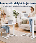 Mobile Rolling Desk Featuring Hidden Wheels And Smooth Pneumatic Height Adjustment Portable Laptop Stand For Home Office Or Bedside Setup Lightweight White Surface in use, showing sitting and standing positions.
