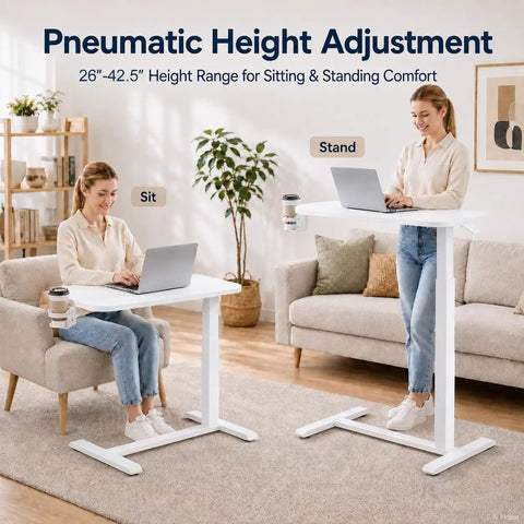 Mobile Rolling Desk Featuring Hidden Wheels And Smooth Pneumatic Height Adjustment Portable Laptop Stand For Home Office Or Bedside Setup Lightweight White Surface in use, showing sitting and standing positions.