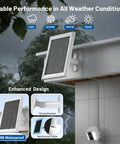 2 Pack 6W Solar Charger For Battery Powered Cameras mounted outdoors, showing IP68 waterproof feature with sturdy bracket and frame.