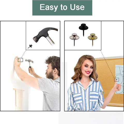 Man and woman using Double Headed Push Pins For Wall Hangings And Photo Displays No Drill Easy To Install Sturdy Thumbtacks For Drywall.