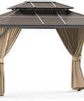 13X10 Ft Hardtop Gazebo With All Weather Aluminum Frame And Double Polycarbonate Roof, Netting And Curtains, Khaki