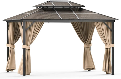13X10 Ft Hardtop Gazebo With All Weather Aluminum Frame And Double Polycarbonate Roof, Netting And Curtains, Khaki