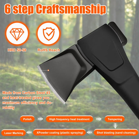 Close-up of 14 Inch Camping Hatchet With Carbon Steel Blade And Do It All Sheath detailing heat-treated craftsmanship.