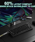 Smooth Tap 60 Percent Wireless Gaming Keyboard Featuring Hall Effect Magnetic Keys And Insanely Quick Rapid Trigger Tech. Tri Mode Bluetooth Two Four G Usb C Hot Swap Compact Mechanical Board For Dedicated Gamers Black on desk with screen.