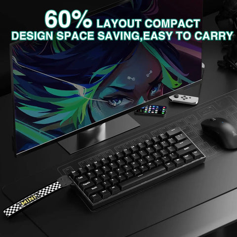 Smooth Tap 60 Percent Wireless Gaming Keyboard Featuring Hall Effect Magnetic Keys And Insanely Quick Rapid Trigger Tech. Tri Mode Bluetooth Two Four G Usb C Hot Swap Compact Mechanical Board For Dedicated Gamers Black on desk with screen.