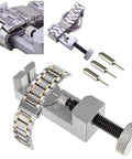 Watch Band Link Removal Kit with Spring Bar Tool, four pins, metal watch band, detail view of band adjustment tool.