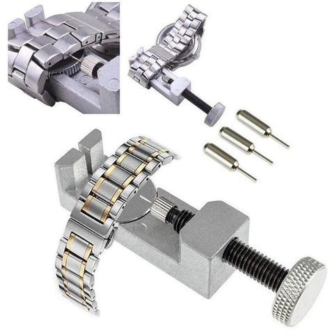 Watch Band Link Removal Kit with Spring Bar Tool, four pins, metal watch band, detail view of band adjustment tool.