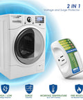 Voltage And Surge Protector For Front And Top Load Washing Machines Two Pack Keeps Your Washer Safe From High And Low Voltage Brownouts Spikes Instant Surges Power Failures And Voltage Fluctuations, shown beside a modern front-load washing machine.