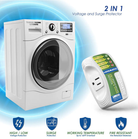 Voltage And Surge Protector For Front And Top Load Washing Machines Two Pack Keeps Your Washer Safe From High And Low Voltage Brownouts Spikes Instant Surges Power Failures And Voltage Fluctuations, shown beside a modern front-load washing machine.