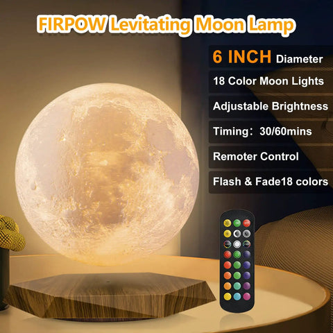 Levitating Moon Lamp With Remote, 6 Inch Floating 3D LED Moon Light With 18 Colors, Magnetic Spinning Base, Night Light Display