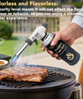 Person using butane gas torch on steak; part of All In One Camping Stove And Fuel Kit With Four Butane Canisters, Portable Outdoor Stove.