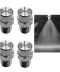 4 Pack 65 Degree One Quarter Inch NPT Stainless Steel Flat Fan Spray Nozzles For Rugged Industrial Use, 304 Stainless Steel, Clog Proof Internal Channel, Rust Resistant And High Temp Durable Performance. 4-pack stainless flat fan nozzles, one shown spraying
