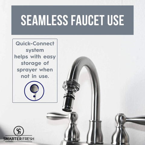 Close-up of faucet with Quick-Connect system for Spray Hose Extension For Sink With Quick Connect Sprayer Attachment Faucet Extender.