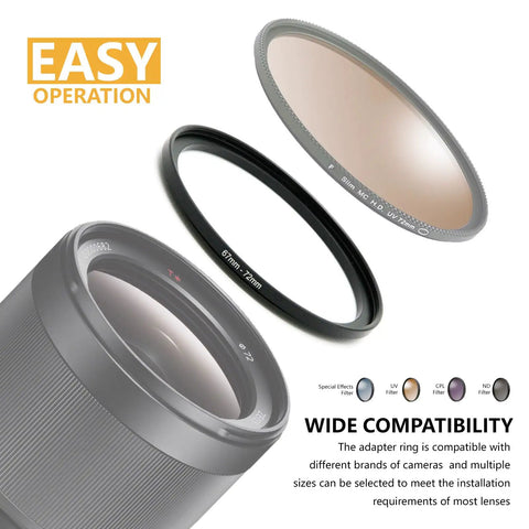 67mm To 77mm Step Up Filter Adapter Ring Built To Last Black Aviation Aluminum For Camera Lenses Lightweight Yet Heavy Duty Durable Compatible With UV CPL ND Filters From All Brands with camera lens and filters.