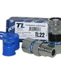 Front view of TL22 hydraulic quick-connect coupler set with 1/2 in body and 3/4 in SAE ORB threads, dust caps