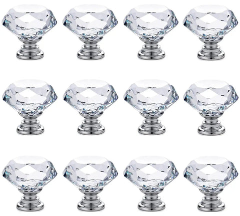 Diamond Cut Crystal Glass Drawer Knob Set 30mm Knobs With Aluminum Base 12 Piece Cabinet Pull Handles For Cabinets Dressers And Drawers Sparkling Clear Crystal Accent Hardware, 12 knobs