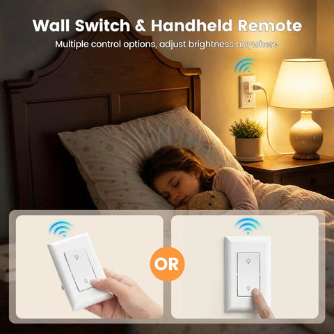 Gotta Love This Dimmer Plug With Remote Control For Lamps And Table Lights Total Game Changer wall switch and remote in a cozy bedroom.