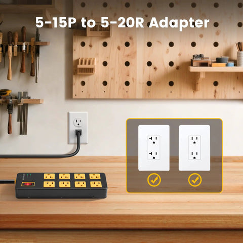 Heavy Duty Eight Outlet Power Strip With Twenty Amp Surge Protection And Six Foot Twelve Gauge Extension Cord for workshops.