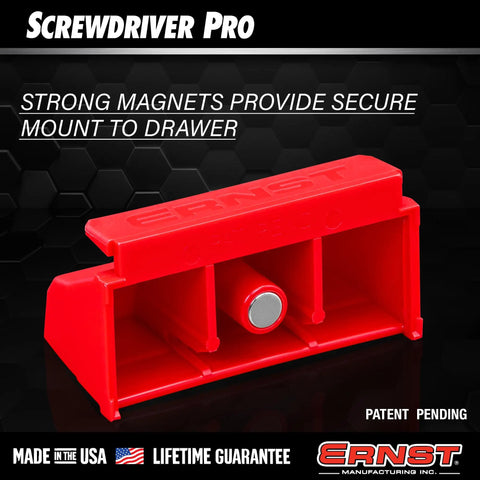 Screwdriver Pro Modular Organizer For 13 Tools With Magnetic Base Red Made In USA shown in red with strong magnet.