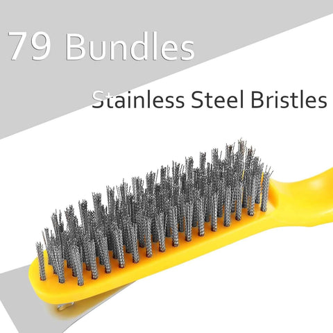 Close-up of Stainless Steel Wire Brush 2 Pcs with Metal Scraper, 79 Bundles bristles on yellow plastic handle