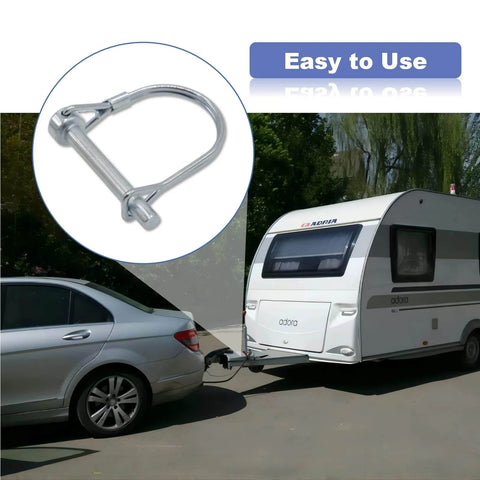 Beefy Built Tough Heavy Duty Safety Coupler Hitch Pins 1/4 X 1-3/4 Inch Zinc Plated holding trailer, easy install displayed.