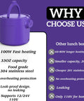 Purple Portable 33oz Electric Lunch Box 100W Fast Heat with benefits like 304 stainless steel and multi-voltage support.