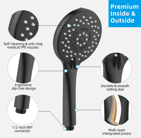 High Pressure 5 Function Handheld Shower Head With 70 Inch Stainless Steel Hose Matte Black Finish details and features