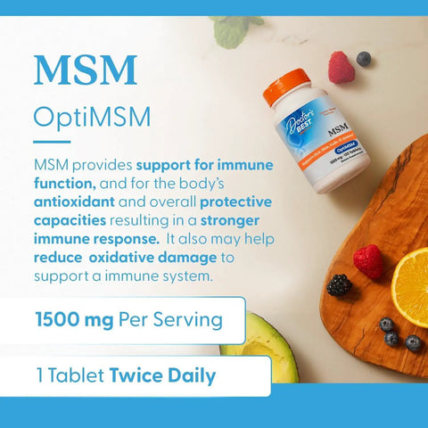 Top Shelf Real Deal Msm Sulfur Supplement Strengthening Joints And Nourishing Skin Hair Nails 1500 Mg with fruits on wooden surface.