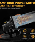 Tough As Nails 4.5 Inch Plug And Play Corded Angle Grinder showcasing 8AMP motor and gears for high efficiency and performance.