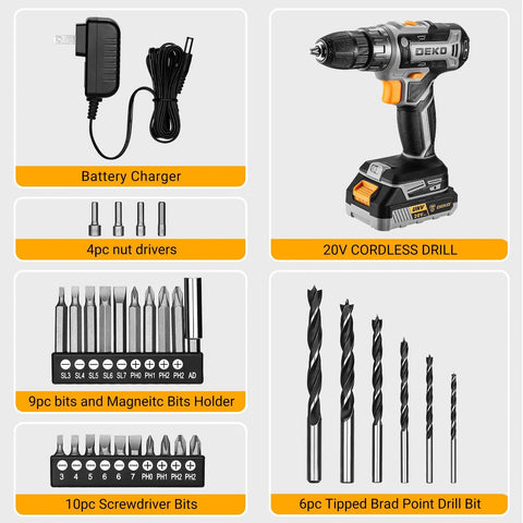 Go To Cordless Power Drill Kit for DIY Projects 20V with Battery and Charger Dual Speed 0 to 350 and 0 to 1350 RPM 18 Plus 1 Torque Settings Lightweight Electric Drill Set