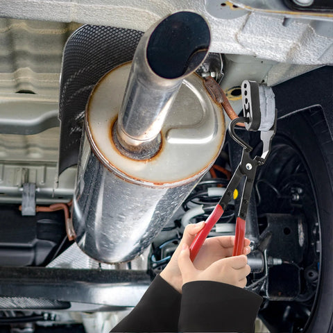 Covzoe exhaust hanger removal pliers with red handles detaching car muffler rubber hanger under the vehicle.