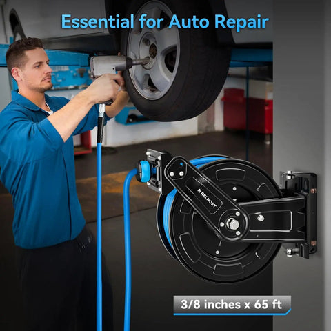 Built Tough 65 Feet 3 Eighths Inch Hybrid Air Hose Reel With Auto Rewind for garage wall mount, mechanic using tool